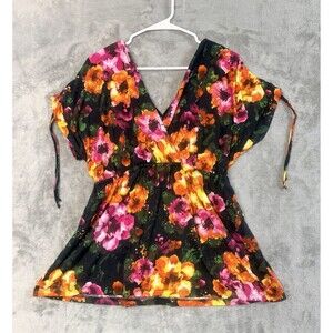 Pure Energy Top 2, 2X Womens Plus Size Black Pink Orange V Neck Tie Waist